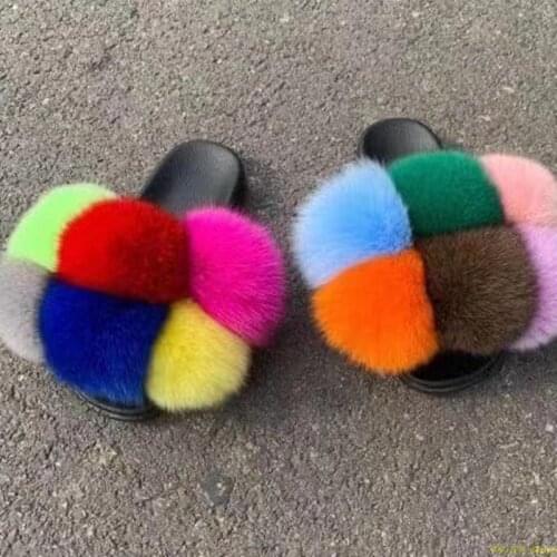 Fur Slippers Women Furry Slides Summer Fluffy Slippers House Shoes Woman Real Fur Slides Home Wholesale Womens Fur Fox Slippers
