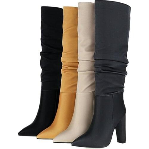 Plus Size Microfiber Women Knee High Boots Fashion Pointed Toe Square High Heel Ladies Long Boots Slip on Pleated Womens Shoes