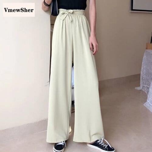 VmewSher New Spring Summer Plain Wide Leg Women Pants Bow Elastic High Waist Loose Ankle Length Long Casual Sweet Solid Trousers