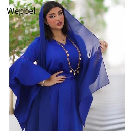 WEPBEL Abaya Women Muslim Dress Long Sleeve V-neck High Waist Robe Ruffle Sleeve Bead Tube Lace Muslim Dress