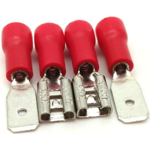100pcs FDD 1.25-250 MDD1.25-250 6.3mm Red Female + Male Spade Insulated Electrical Crimp Terminal Connectors Wiring Cable Plug