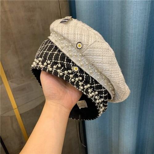 202008-chui British plaid pearl lady beret hat women Leisure painter hat