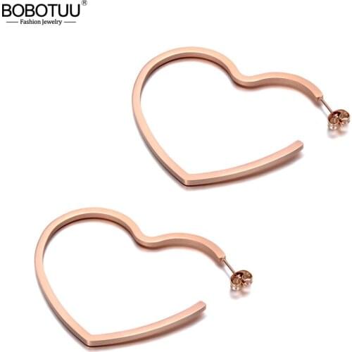 BOBOTUU Original Design Titanium Stainless Steel Love Heart Earrings Bohemia Office Stud Earrings Jewelry For Women BE19328