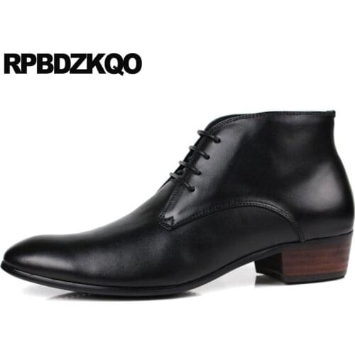 Business Mens Pointed Toe Dress Boots Oxford Genuine Leather Lace Up Booties Chunky Formal Shoes Wedding Full Grain Ankle Fall