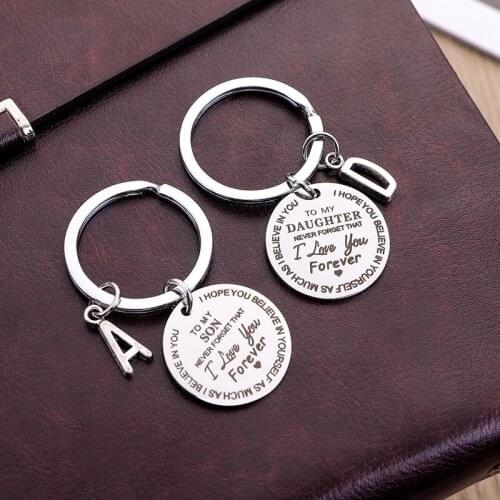 Stainless Steel Keychain Letter A / D Round Pendant Keyring Engraved To My Son / Daughter Never Forget That I Love You Forever