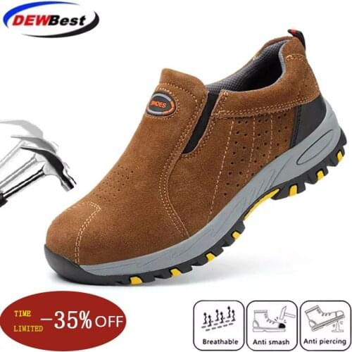 Dewbest Steel Toe Safety Work Shoes Men Fashion Summer Breathable Slip On Casual Boots Mens Labor Insurance Puncture Proof Shoes