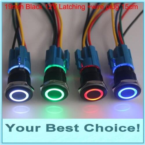 19mm IP67 Waterproof Self Locking Latching ON/OFF 12V Ring LED Illuminated Black Metal Push Button Switch with wire plug