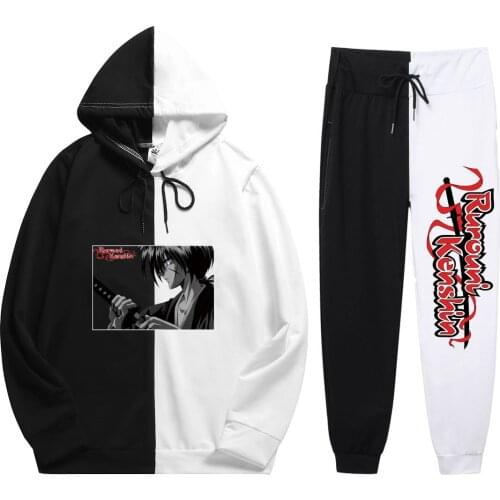 2021 Summer Man 2 Pieces Sets Anime Rurouni Kenshin Harajuku Print Popular Comfortable Patchwork Thin Hoodie+Patchwork Pants