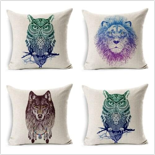 Pillowcase Owl Lion Wolf Animal Cotton Linen Cushion Covers Home Decorative Pillows Bedroom Euro Pillow Cover Free Shipping