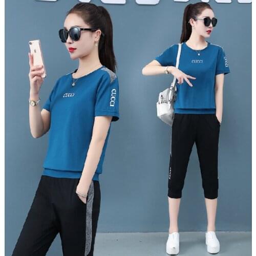 Casual Two Piece Set Short Sleeved Sports Summer New Running Cropped Pants and Trousers Suit Blue Purple Red Black Clothes