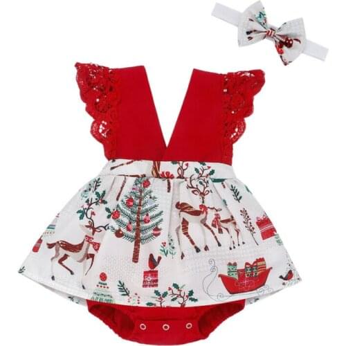 0-24M Christmas Baby Girl Romper Newborn Infant Girl V neck Cartoon Lace Ruffles Rompers Jumpsuit Headband Xmas Baby Girl Outfit