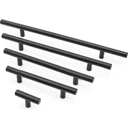 Modern Black Handle Stainless Steel Brushed Pull Kitchen Cupboard T Bar Knobs and Handles for Furniture Desk Drawer Door Knob