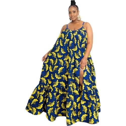 Loose African Maxi Dress Women 4XL Plus Size Spaghetti Strap Boubou Summer New Print Ruffle Patchwork African Beach Maxi Dresses