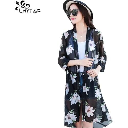 UHYTGF Summer Womens Chiffon Sun Protection Clothing 2018 Plus size Loose Shawl V-neck Sunscreen Shirt Cardigan Thin Blouse 246