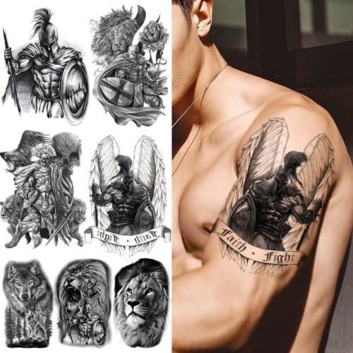 Black Knight Wings Temporary Tattoos For Men Boys Realistic Lion Wolf Forest Skull Fake Fake Tattoo Sticker Body Arm Tatoos DIY
