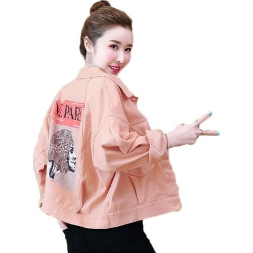 Womens Denim Coat 2020 Spring Autumn Long-sleeved Korean Printed Short Jacket Female Student Loose Wild Slim Jeans Tops A01