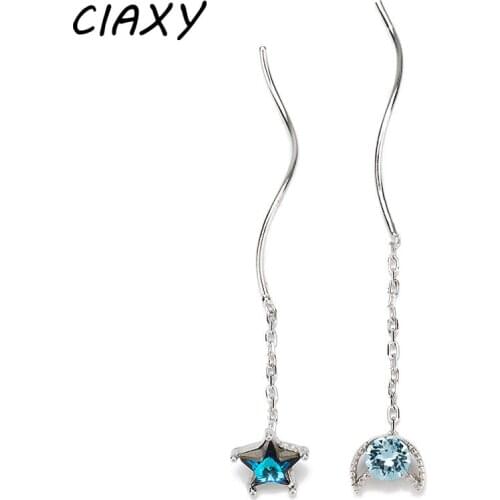 CIAXY 925 Sterling Silver Asymmetrical Star Moon Earrings for Women Temperament Long Ear Line Inlaid Zircon Ear Jewelry Gift