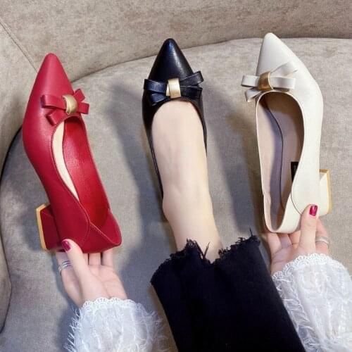 New Bow Knot Women Shoes Metal Buckle Pumps Leisure Ballerina Wedding Shoes Square Heels Slip On Solid Leather Casual Shoes