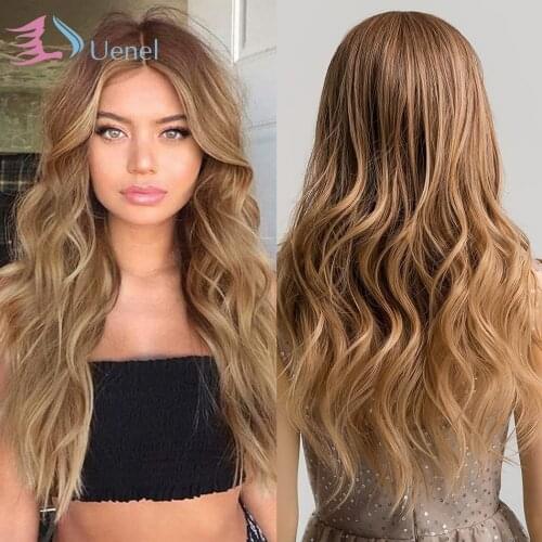 Uenel Long Center Part Hairstyle Wigs Brown to Light Brown Comfortable and Natural Looking Synthetic Wigs for Women Wig 24 Inche