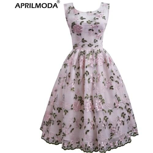 Flowers Embroidery Lace Dress Sexy Sleeveless A-Line Party Casual Swing Pink Jurken Mesh Vintage Women Formal Vestidos