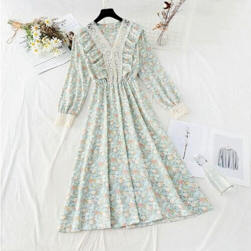 Elegant V-neck Floral Print Women Chiffon Dress Vintage Elastic waist Ruffle Long Dress Female A-line Vestidos 2021 Spring