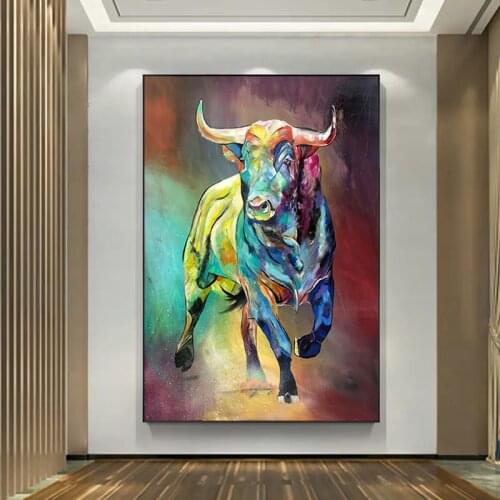 Graffiti Style Painted Animal Oil Painting Color Bull Canvas Painting Nordic Style Indoor Home Decoration Art Painting(No Frame)