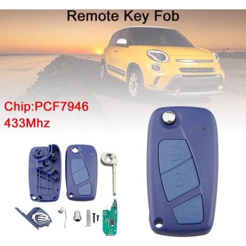 433MHz 3 Buttons Flip Remote Car Key Fob with PCF7946 Chip Blue Keyless Entry Transmitter for Fiat 500 Panda Punto Bravo Ducato