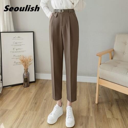 Seoulish New 2021 Formal Womens Harem Pants with Belted High Waist Female Workwear Elegant Ankle Length Trouses Spring Summer