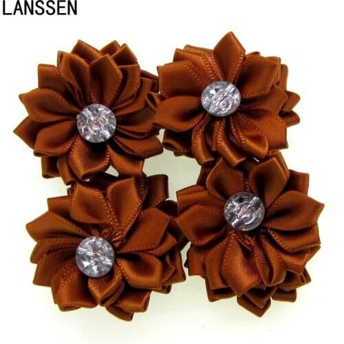 12Pcs Coffee Satin Ribbon Flowers with Rhinestone Multilayers Fabric Flowers Appliques Accessories Sewing Wedding DIY 4.0cm