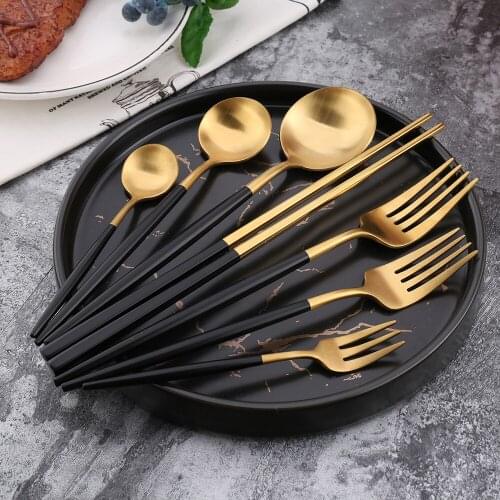 24Pcs 18/10 Stainless Steel Dinnerware Set Black Gold Cutlery Spoon Fork Knife Western Cutleri Silverware tableware Set Supplies