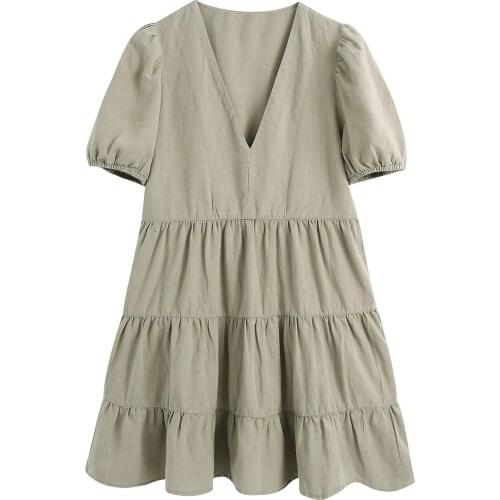 JC·KILIG 2021 New Womens Dress Spliced Linen Girl Bubble Sleeve Dress B1465