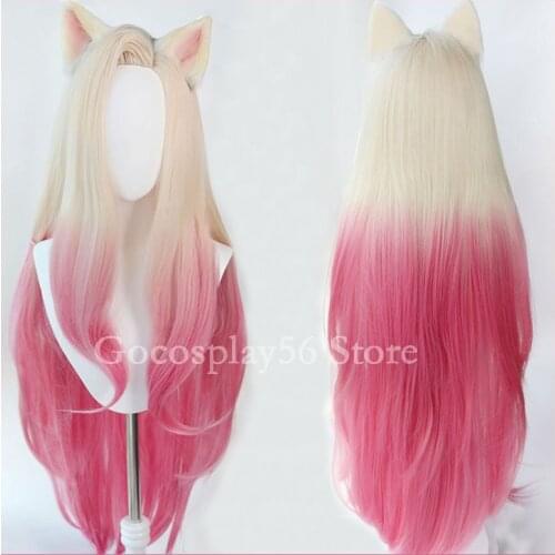 NEW KDA Ahri Wig Ears LoL Cosplay Gradual Beige Pink Synthetic Hair 100cm Long Straight Wig Women Ahri Cosplay