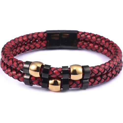 Personalized Double-Layer Red Leather Rope Braided Stainless Steel Mens Black Clasp Geometric Wrap Bracelet