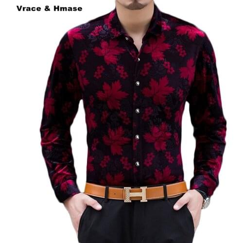 Spring&Autumn style Red leaves printing fashion casual long sleeve shirt Gold velvet soft comfortable quality shirt men M-XXXL