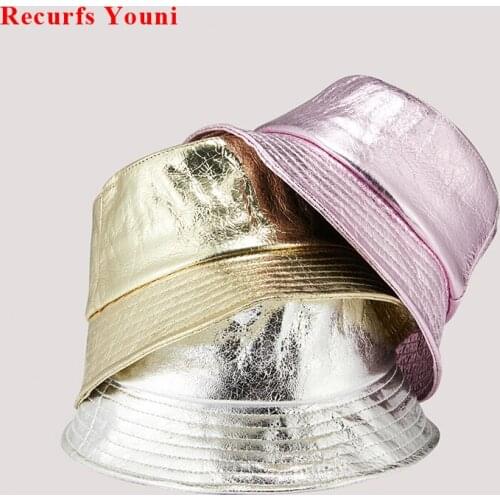 Hats For Women Bright Real Leather Burst Cracks Short Brim Fisherman Caps Femme Fashion Korean Pink Silver Golden Basin Chapeu