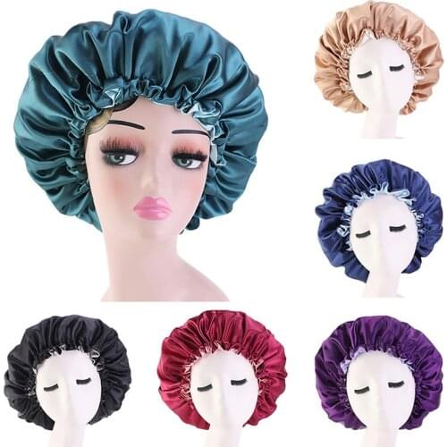 Fashion Satin Bonnet Double Layer Adjustable Size Sleep Night Cap Head Cover Bonnet Hat For Curly Elastic Shower Caps