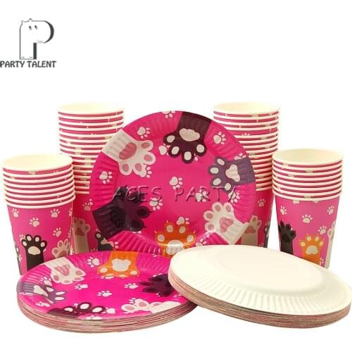 Party supplies 96pcs pet cat footprint party kids birthday party tableware set, 48pcs dessert plates dishes + 48pcs cups glasses
