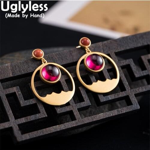 Uglyless Sunrise on Sea Corundum Gemstones Dangle Earrings for Women Gold Ocean 925 Silver Studs Earrings Hollow Brincos Bijoux