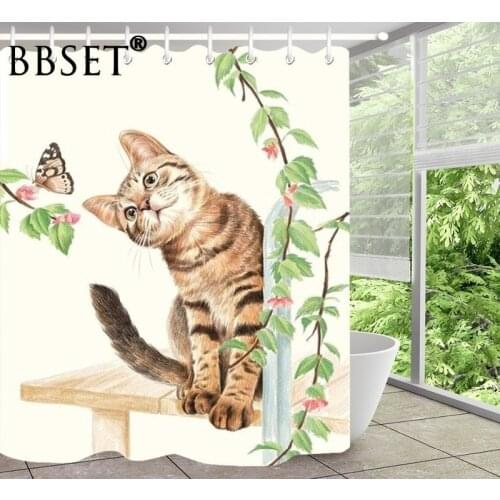 Cute Pet Shower Curtain Cat and Butterfly Pattern Waterproof Multi-size Douchegordijn Bathroom Decor with 12 Hooks Bath Curtain