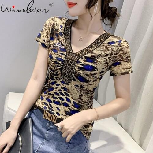 Summer Korean Style Mesh T-Shirt Fashion Sexy V-Neck Print Shiny Diamonds Letter Women Tops Short Sleeve All Match Tees T16610A