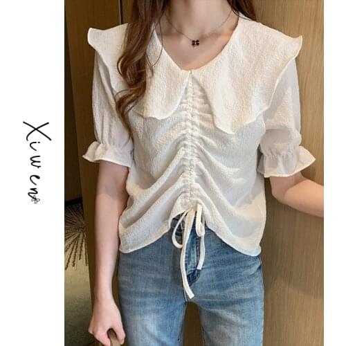 Womens Large Ruffled Collar Chiffon Shirt Summer Short Sleeve French Fairy Elegant Puff Sleeve Drawstring Top for Women 2021