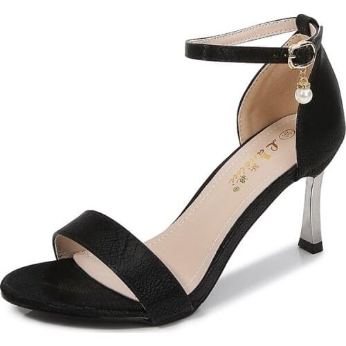 Brand Women Sandals Summer Shoes High Heels Leather Round Toe PU 6CM 8CM Thin High Heels Buckle Strap Shallow women shoes black