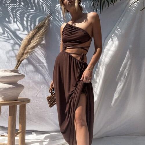 Women Sexy Bodycon Party Dresses Backless Bandage Spaghetti Straps Clubwear Hollow Dress Low Neck Split fork One Shoulder Solid