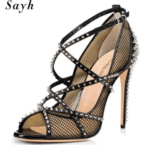 Big Size Women Punk Rivet Sexy Strippers High Heel Pumps Stiletto Peep Toe Stiletto Ankle StrapSandals Rome Gladiator Sexy Shoes