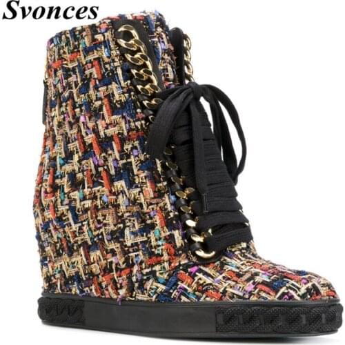 Svonces 2020 Spring New Casual Shoes Women Platform Sneakers 8CM Wedges Heel Plaid Tweed Real Leather High Top Sneakers Women