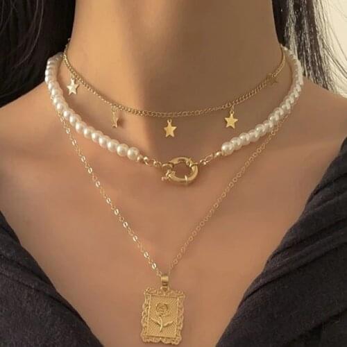 Trend Elegant Jewelry Multi-layer Tassel Star Pendant Pearl Chain Necklace Unquie Women Fashion Necklace Wholesale X059