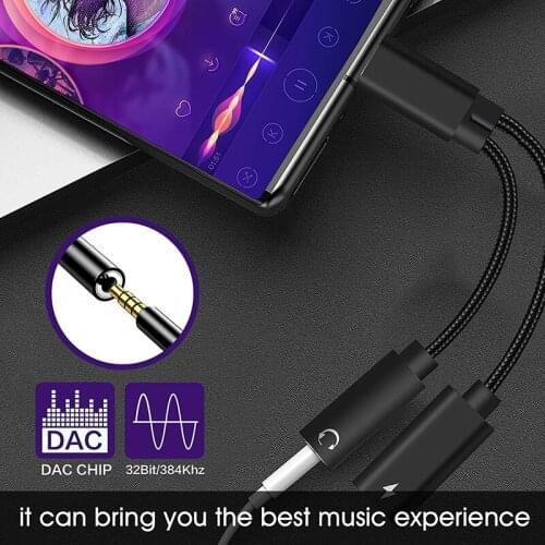2 In 1 USB Type-C to 3.5mm Jack Adapter HiFi DAC Aux 32bit 384khz USBC to 3.5 with charging for Google Pixel Samsung Oneplus
