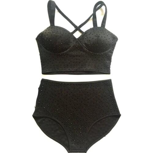 Shiny Black Red Blue White Rhinestones Bikini 2 Pieces Set Underwear Sexy Bar Nightclub DJ Singer Stage Wear Pole Dance Costume