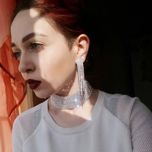 Classic Elegant Silver Color Copper Tassel Crystal Bridal Fashion Jewelry Sets African Rhinestone Wedding Necklace Earrings Sets