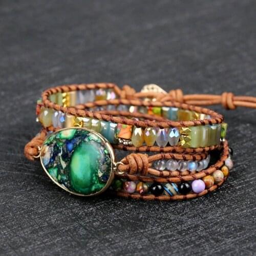 2021 NEW ARRIVE High quality Handmade natural stone charm Leather Wrap Bracelet&Bangle yoga lovers gift Jewelry drop shipping